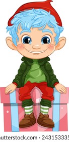 Colorful illustration of a happy elf on a present.