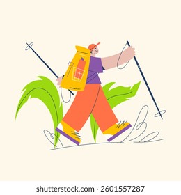 Colorful illustration of a happy hiker with trekking poles and backpack walking outdoors. Perfect for travel designs, adventure blogs, outdoor posters, and activity-themed projects