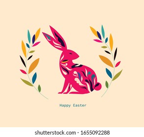 Imagen colorida con liebre. Feliz tarjeta de felicitación de Pascua con conejito decorativo de Pascua