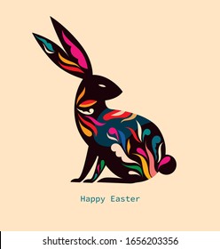 Colorful illustration with hare. Happy easter greeting card with decorative easter bunny