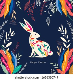 Colorful illustration with hare. Happy easter greeting card with decorative easter bunny