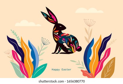 Colorful illustration with hare. Happy easter greeting card with decorative easter bunny