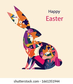 Colorful illustration with hare. Happy easter greeting card with decorative easter rabbit