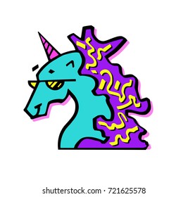Colorful  illustration of head of magic unicorn in glasses. Unicorn for invitation card, ticket, branding, label. Unicorn  for logotype hand drawn vector line illustration, kids book, greeting card