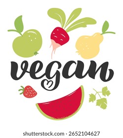 Colorful illustration highlighting the word vegan, surrounded by an array of vibrant fruits and vegetables, celebrating a healthy, plant based lifestyle and promoting overall wellness