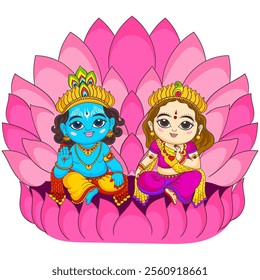 A colorful illustration of Hindu deities Krishna and Radha sitting on a pink lotus flower. They are depicted as young children, dressed in traditional Indian attire