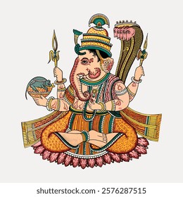 Colorful illustration of a Hindu deity with an elephant head, multiple arms, and traditional attire, holding symbolic items, seated on a lotus. Vintage art drawing illustration, painting art vector.