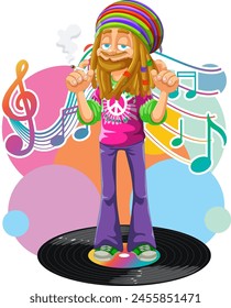 Colorful illustration of a hippie enjoying music.