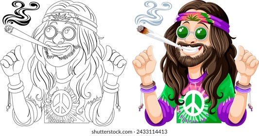Colorful illustration of a hippie with a peace sign.