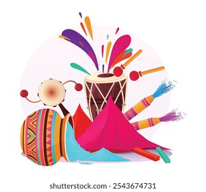 Colorful illustration of Holi festival items including drums, powders, and water pots.