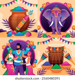 Colorful illustration of Holi festival with people celebrating, an elephant, a drum, and vibrant powders.