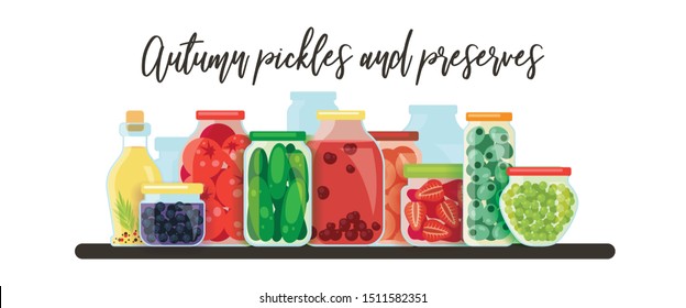 Colorful illustration of homemade kitchen conservation fruits and vegetables. Autumn pickles and preserves