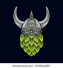 Ilustração colorida de lúpulo com capacete viking mão desenhada