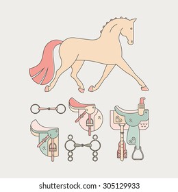 Colorful illustration of a horse with horseriding gear including saddle, snaffle and bit. Vector linear equin graphic. 