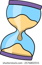 A colorful illustration of an hourglass with golden sand flowing through its center, encased in vibrant blue glass and accented with purple caps