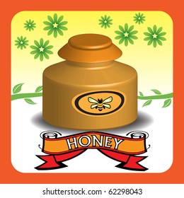 Colorful illustration with huge honey jar inside an orange frame