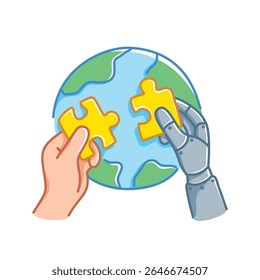 Colorful illustration of a human hand and a robotic hand assembling puzzle pieces over the Earth, symbolizing global collaboration between artificial intelligence and humanity for the future.