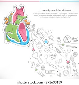 Colorful illustration of human heart with different elements for Health and Medical concept.
