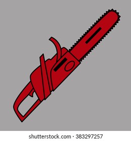 Colorful illustration, icon or emblem with chainsaw on gray background. Professional instrument, working tool. Vector design.