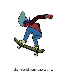 Colorful illustration or icon of skateboard playing in simple jump style. Simple skateboard pose in white background.