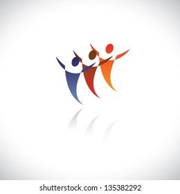 Colorful illustration of icons of people together being free. The graphic represents symbols/signs of people at office, or friends together, or children playing, dancers dancing, sports people, etc