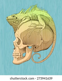 colorful  illustration with iguana and skull