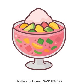 Colorful illustration of Indonesian es campur, a sweet iced dessert with fruit jelly, avocado, jackfruit, and shaved ice served in a round glass bowl.