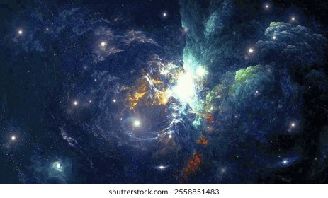 A colorful illustration of an irregularly shaped galaxy visible in a small area of the starry sky