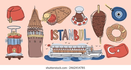 Colorful illustration of Istanbul landmarks and cultural icons, featuring food, architecture, and symbols.