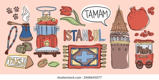 Bunte Illustration von Istanbuler Wahrzeichen, türkischem Kaffee, Straßenbahn, Galataturm und Streetfood.