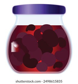 Colorful illustration of a jam jar filled with dark berries, sealed with a vibrant purple lid