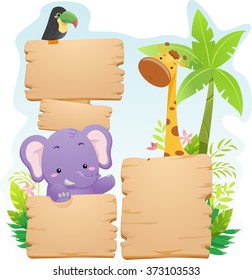 Colorful Illustration of Jungle Animals Standing Behind Blank Wooden Boards