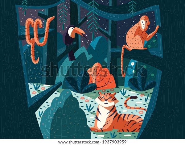 Colorful illustration of jungle scene with exotic\
animals. Forest at night with tiger, monkey, snake and toucan.\
Nature and trees.\
Vector.