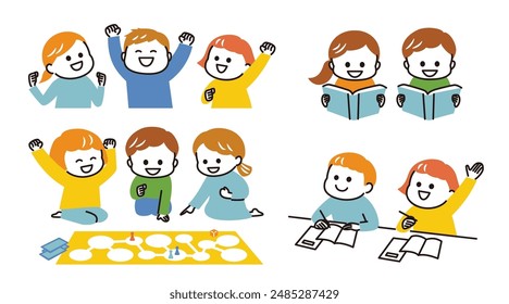 colorful illustration of kids in class and activities