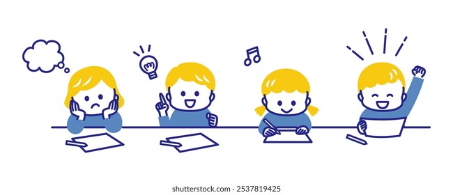 colorful illustration of kids studying at the desk