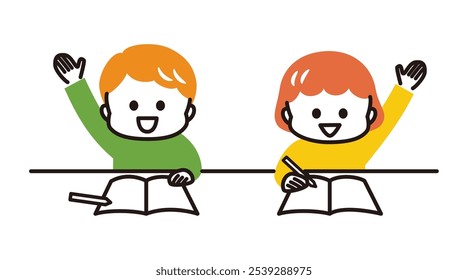 colorful illustration of kids studying at the desk