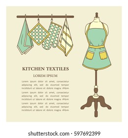 Colorful illustration with kitchen textiles and text. Hand drawn objects isolated. Decorative background, good for printing. Kitchen towels on the hook and apron on mannequin