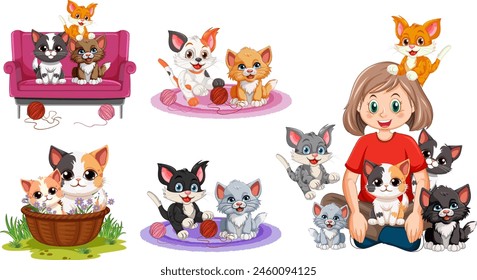 Colorful illustration of kittens playing with a girl