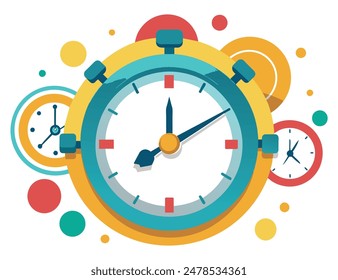 Colorful illustration of a large stopwatch with smaller clocks surrounding it. Vector illustration