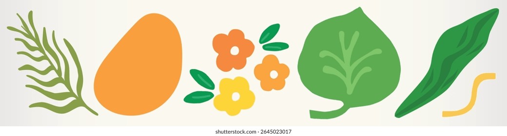Colorful illustration of leaves, flowers, and a mango. Bright leaves and vibrant flowers. Mango, leaves, and flowers in a playful design. Spring flower illustrations, isolated vector set.