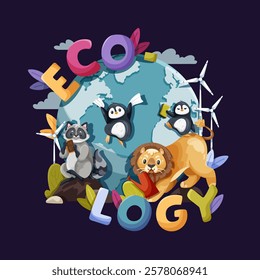 Colorful illustration with lion, penguins and raccoon grouped around the planet Earth, representing unity and care for the environment, ecology clipart on a dark  background