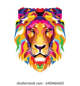 Colorful illustration of a lion's head in a modern WPAP pop art style. - Vector.