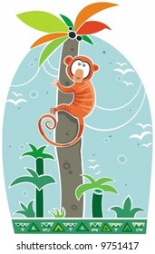 Colorful illustration of little monkey climbing on top of the palm. To see similar illustrations, please VISIT MY GALLERY