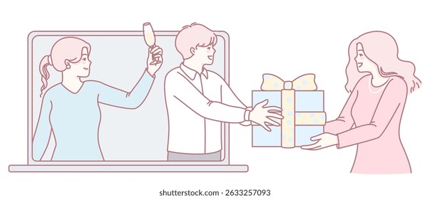 A colorful illustration of a lively gift exchange among friends, highlighting modern connections across distances
