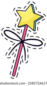 Colorful illustration of a magical star wand featuring a bright yellow star, a pink handle, and a decorative black bow. Ideal for fantasy themes and whimsical designs