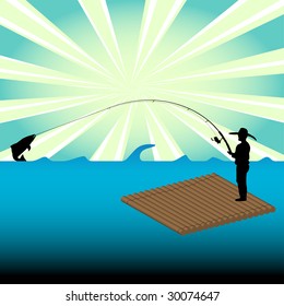 Colorful illustration with male silhouette catching a big fish from a wooden raft