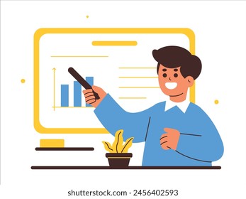Colorful illustration of a male teacher energetically presenting data on a screen, using a pointer to highlight important statistics.
