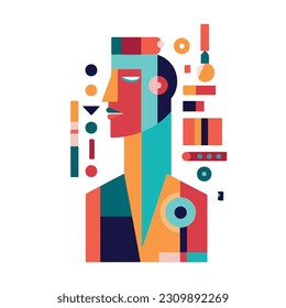 A colorful illustration of a man with a hat. A man in a suit with colorful shapes. Abstract vector art. isolated on white background. 