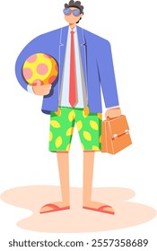 It is a colorful illustration of a man juggling work and leisure. Dressed in a business suit with shorts, holding a briefcase and beach ball, symbolizing the challenge of balancing work and relaxation