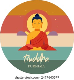 A colorful illustration of a man in a red robe sitting cross legged with a yellow sun on his head. The word "Buddha" is written below the man